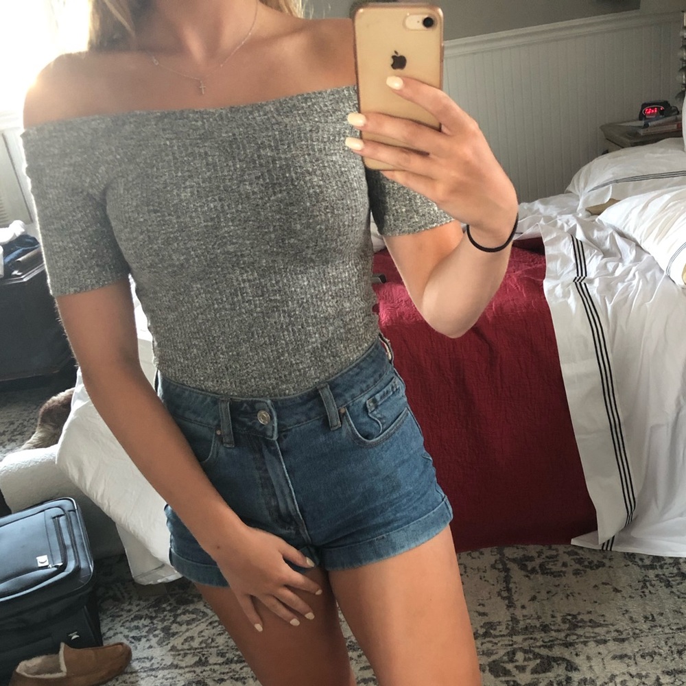 Off the shoulder gray top